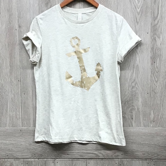 Cream Marled Crew Neck Tee With Gold Anchor BB325 - Picture 2 of 5